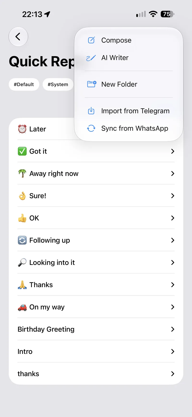 The Quick Reply library with its add menu open, showing Import from Telegram and Sync from WhatsApp under Compose, AI Writer and New Folder